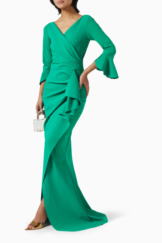 Bell Sleeves V Neck Pleated Long Sheath Mother of Bride Dresses