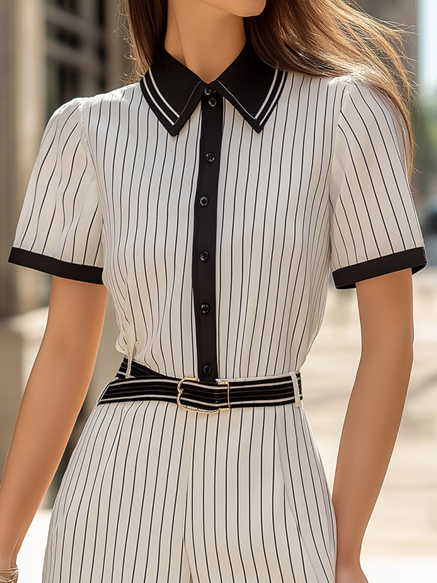 Stylish Striped Contrast Trim Shirt And Shorts Set
