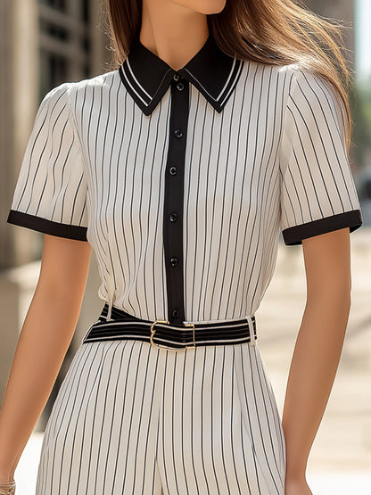 Stylish Striped Contrast Trim Shirt And Shorts Set