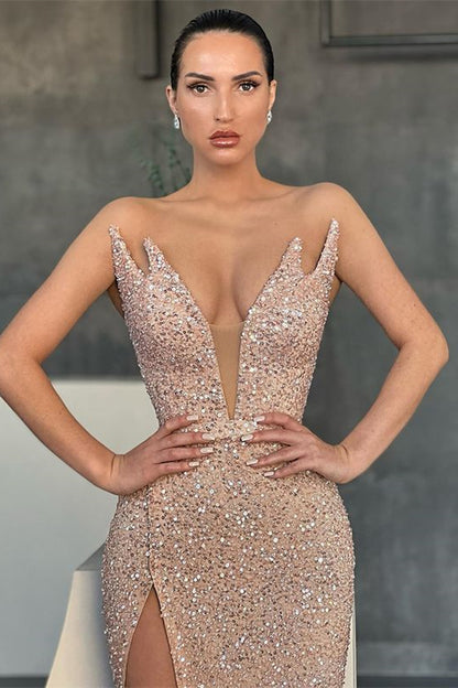 Sleeveless Strapless Evening Dress Sequins Mermaid With Split