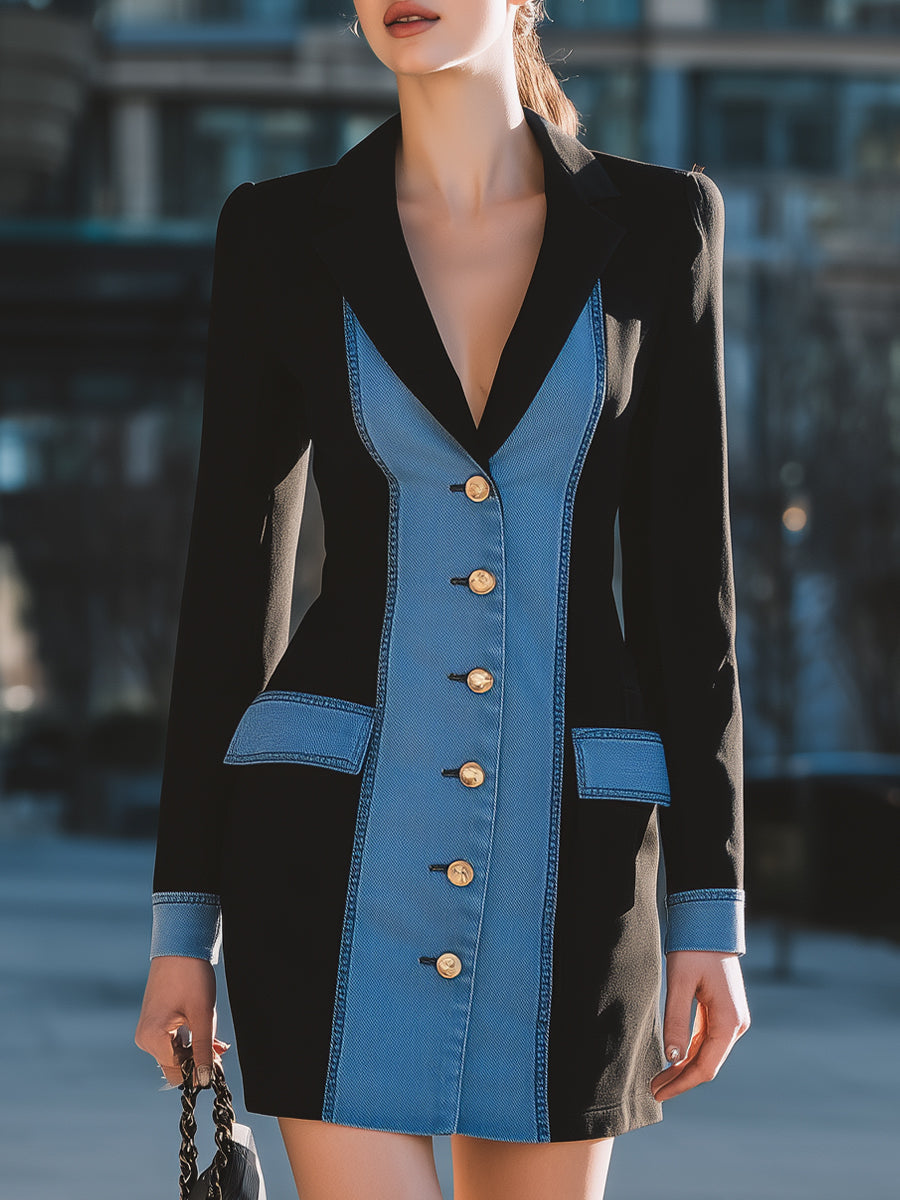 Chic Denim Panel Contrast Blazer Mini Dress
