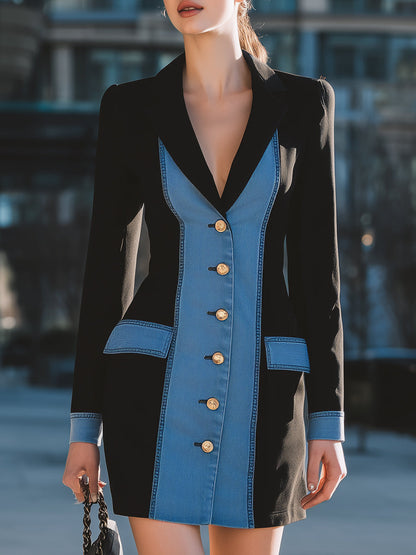 Chic Denim Panel Contrast Blazer Mini Dress