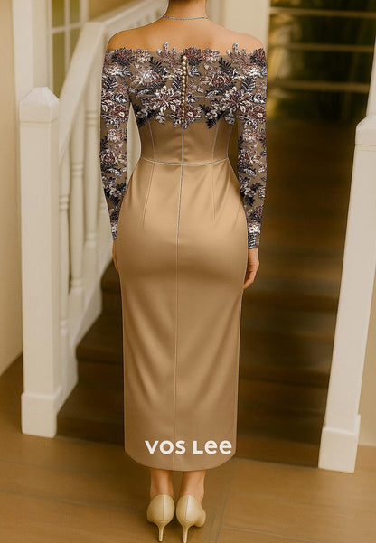 Long Sleeve Off the Shoulder Appliques Ankle-Length Mermaid Evening Dresses