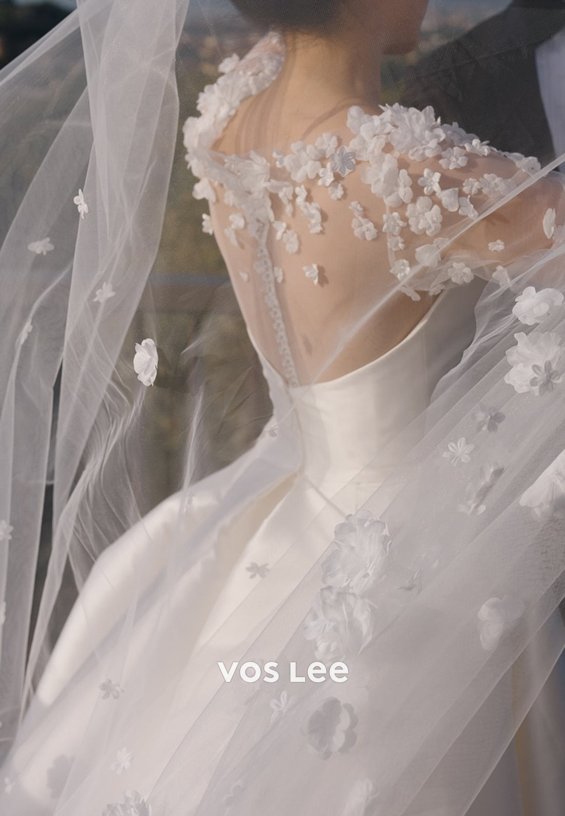 A-Line Long Sleeve Illusion Neck Appliques Wedding Dresses with Court Train