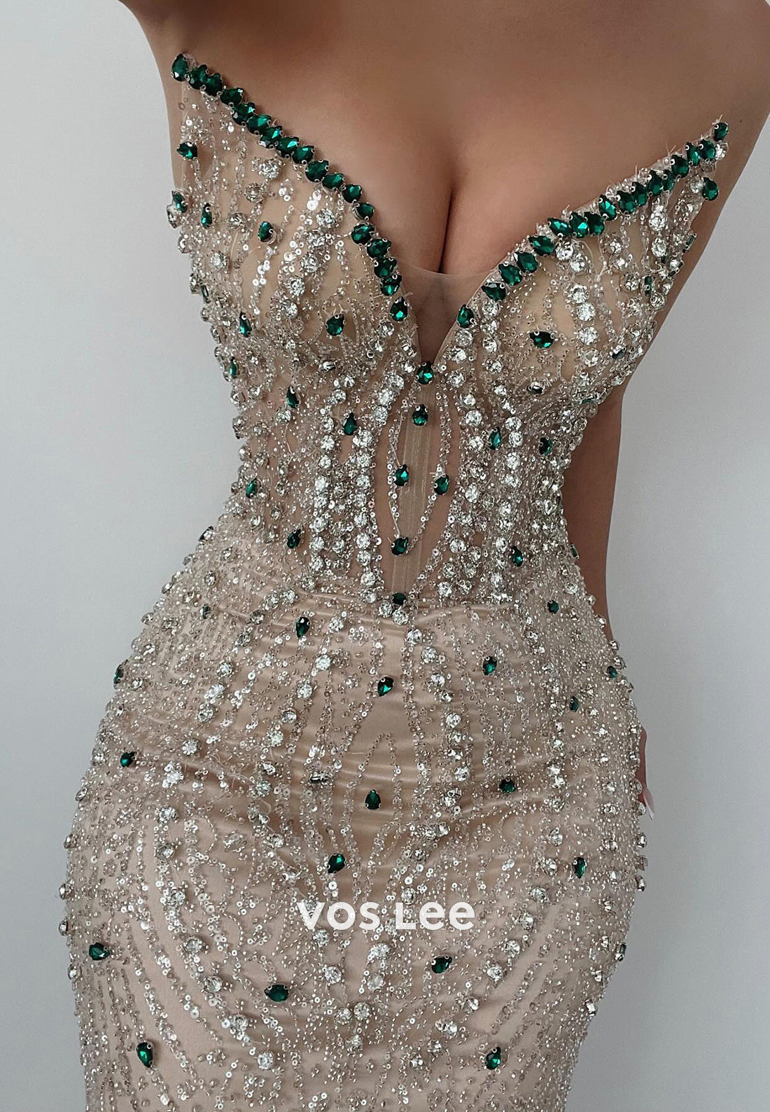 Sparkling V Neck Fully Sequined Rhinestone Mermaid Evening Dresses with Sweep Train