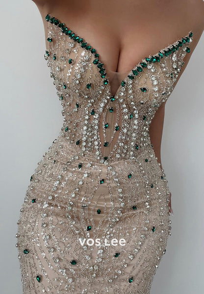 Sparkling V Neck Fully Sequined Rhinestone Mermaid Evening Dresses with Sweep Train