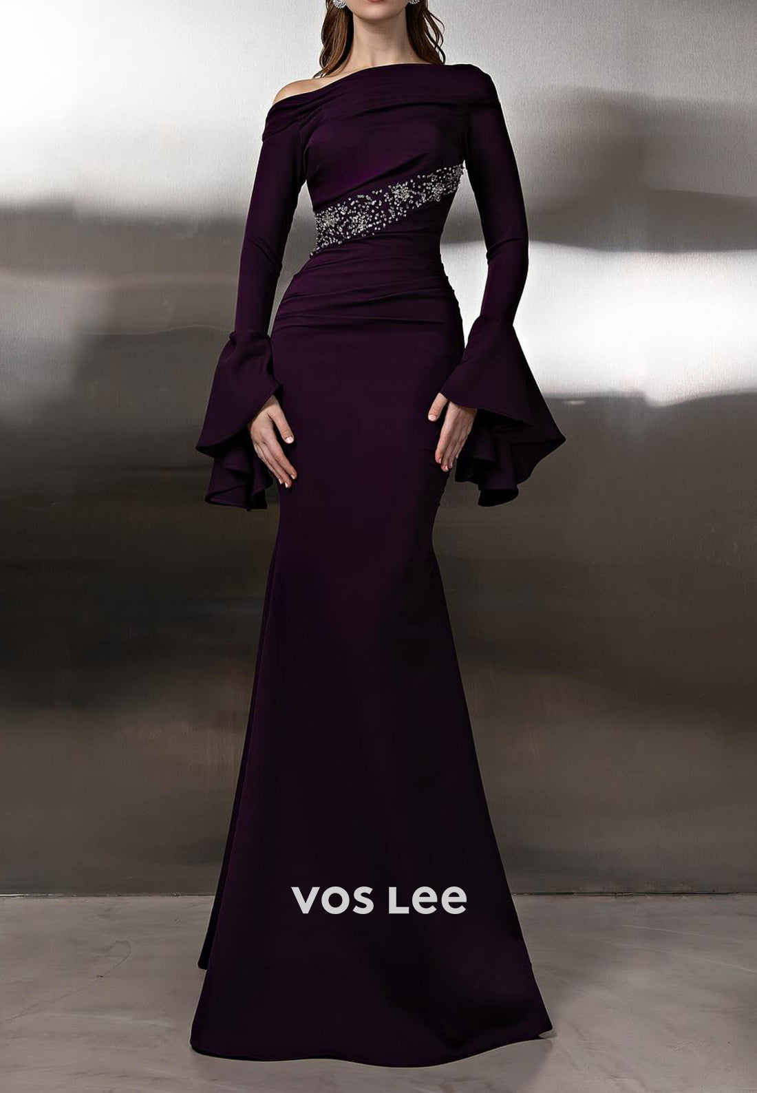 Bell Sleeves One Shoulder Rhinestone Pleated Long Mermaid Prom Dresses