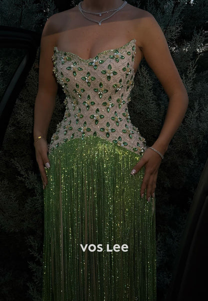 Green Strapless Scoop Beaded Rhinestone Fringe Sheath Prom Dresses