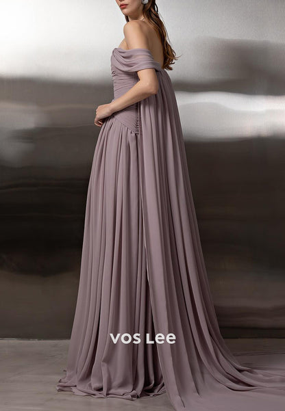 Simple & Casual Off the Shoulder Chiffon Sheath Pleated Long Prom Dresses