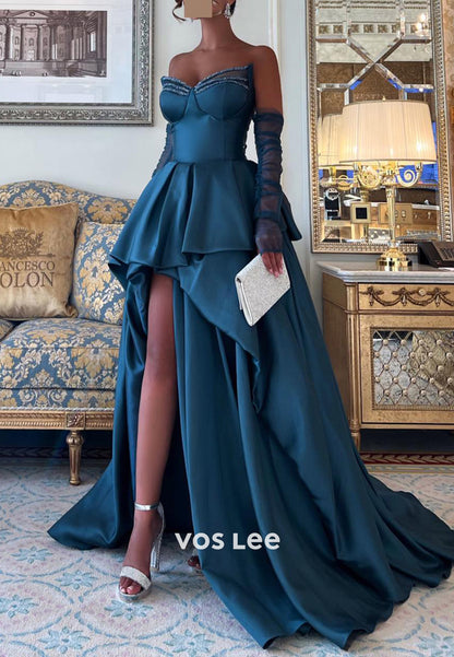 A-Line High Low Long Sleeve Rhinestone Pleated Evening Dresses with Court Train