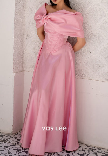 A-Line Off the Shoulder Bowknot Pleated Floor-Length Evening Dresses