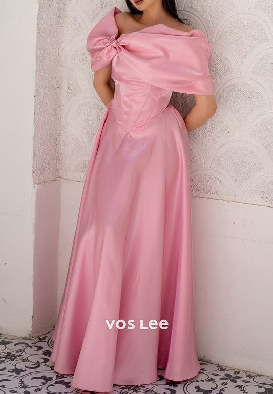 A-Line Off the Shoulder Bowknot Pleated Floor-Length Evening Dresses