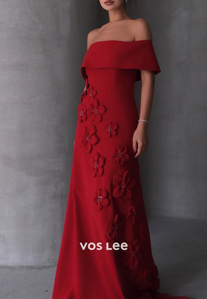 Classic & Simple Off the Shoulder Floral Embellished Sheath Evening Dresses with Sweep Train