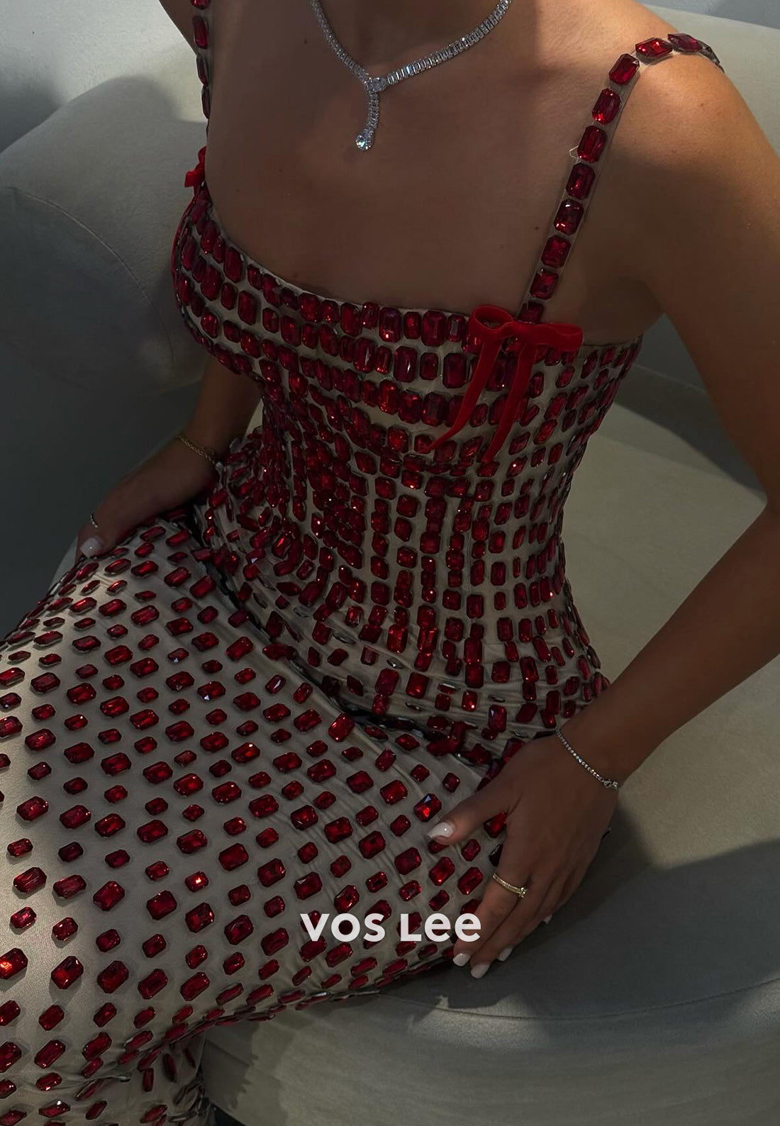 Spaghetti Straps Square Fully Rhinestone Pleated Sheath Prom Dresses
