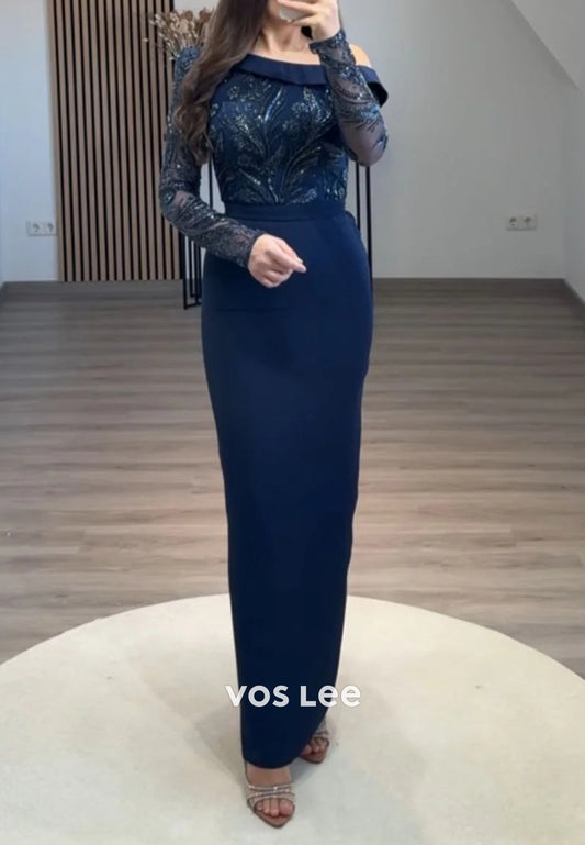 Long Sleeve One Shoulder Beaded Embellished Ankle-Length Mermaid Evening Dresses
