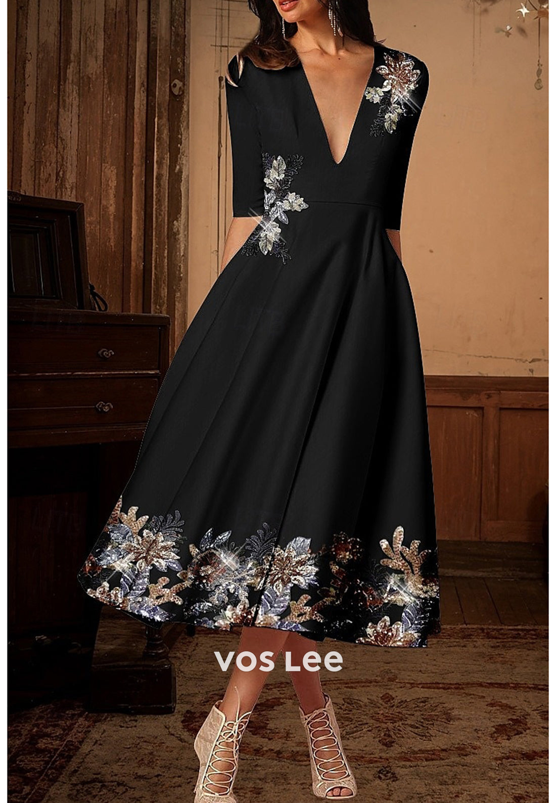 A-Line Half Sleeve V Neck Appliques Embellished Evening Dresses