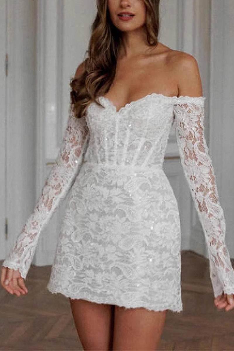 White Lace Off-Shoulder Corset Bridal Mini Dress with Long Sleeves