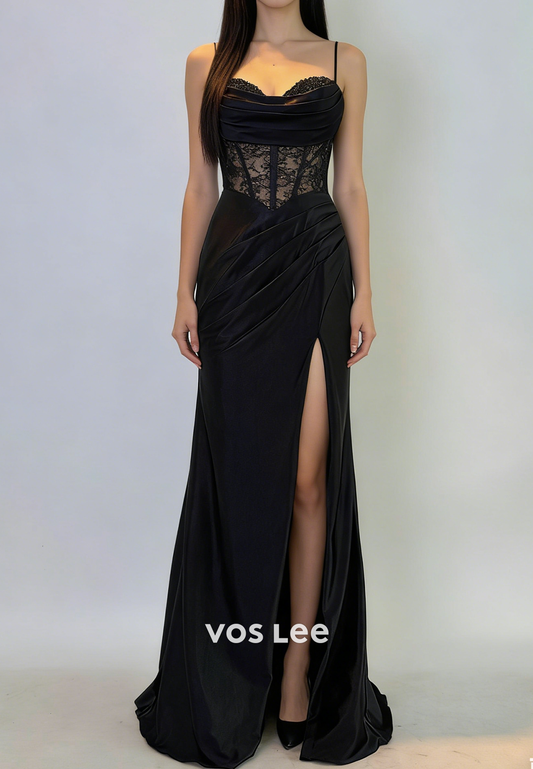 Spaghetti-Straps Sleeveless Lace Black Mermaid Prom Gowns With SPlit