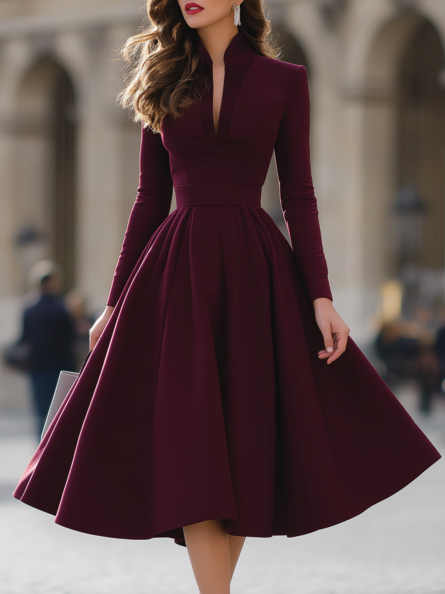 Burgundy V-Neck Full-Skirt Midi Dress