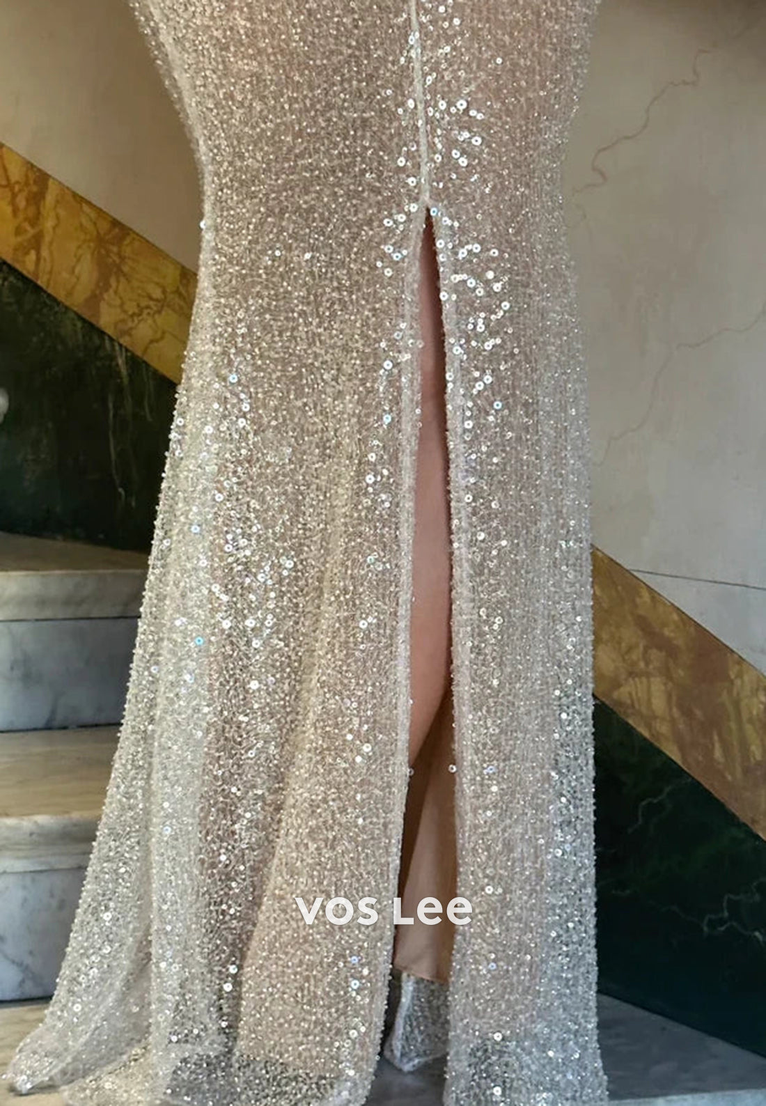 Sexy Spaghetti Straps Scoop Floor-Length Pleated Mermaid Prom Dresses with Split