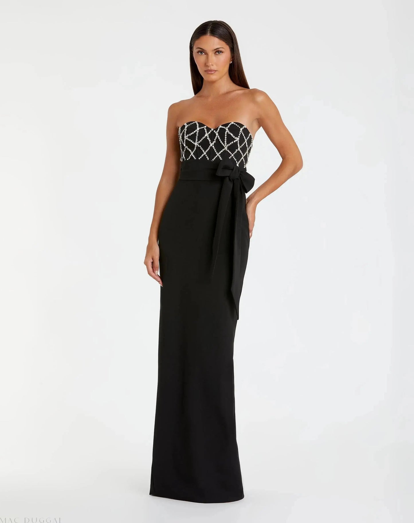 Black Strapless Sweetheart Evening Gown with Beaded Bodice & Bow Belt