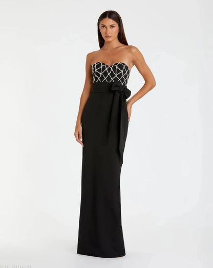 Black Strapless Sweetheart Evening Gown with Beaded Bodice & Bow Belt