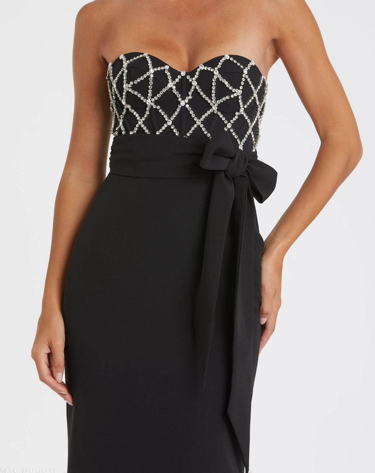 Black Strapless Sweetheart Evening Gown with Beaded Bodice & Bow Belt