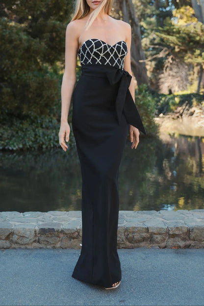 Black Strapless Sweetheart Evening Gown with Beaded Bodice & Bow Belt