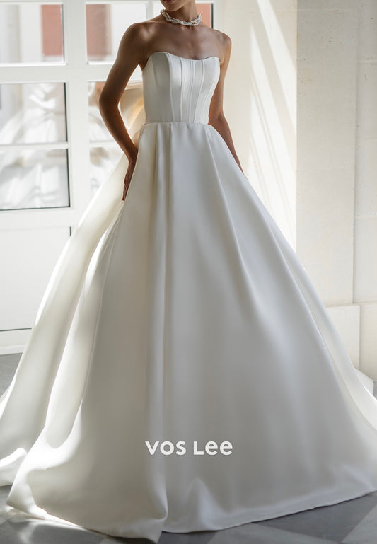 Couture Strapless Scoop Bowknot Pleated Wedding Dresses with Chapel Train