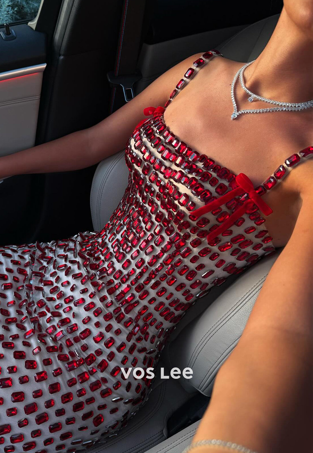 Spaghetti Straps Square Fully Rhinestone Pleated Sheath Prom Dresses