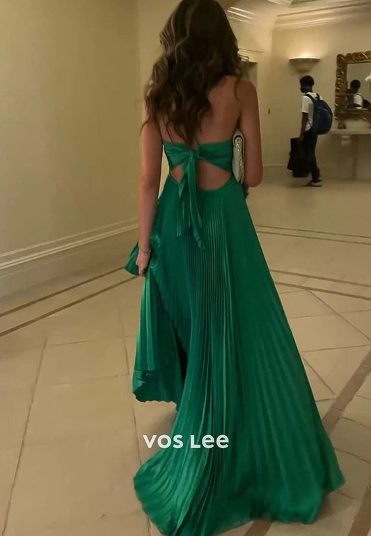 Gorgeous & Charming A-Line Spaghetti Straps V Neck Bowknot Pleated Prom Dresses