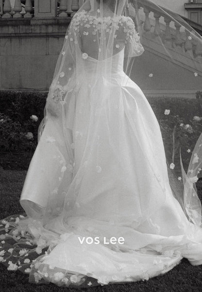 A-Line Long Sleeve Illusion Neck Appliques Wedding Dresses with Court Train