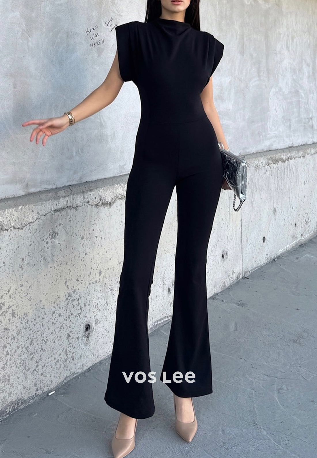 Black Short Sleeve High Neck Jumpsuit