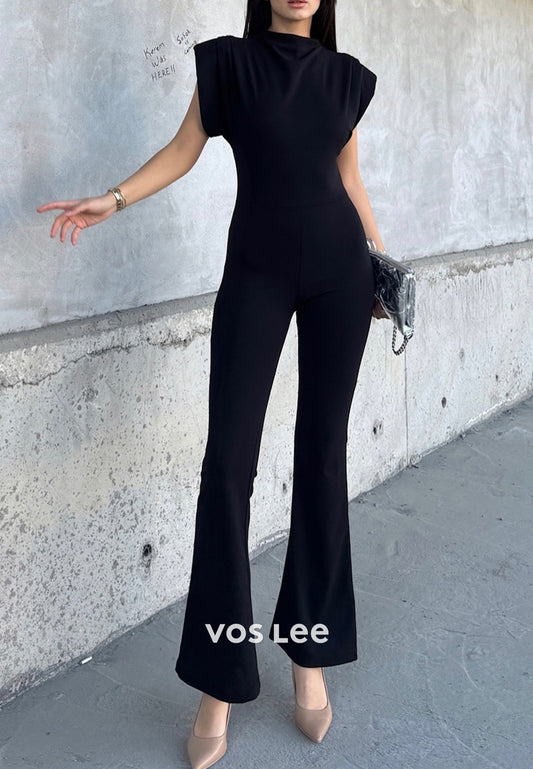 Black Short Sleeve High Neck Jumpsuit