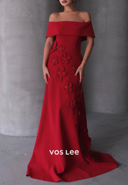 Classic & Simple Off the Shoulder Floral Embellished Sheath Evening Dresses with Sweep Train