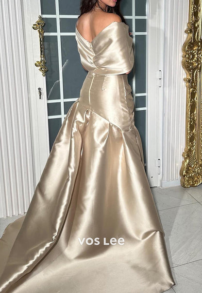 High Low Off the Shoulder Pleated Sheath Evening Dresses with Court Train