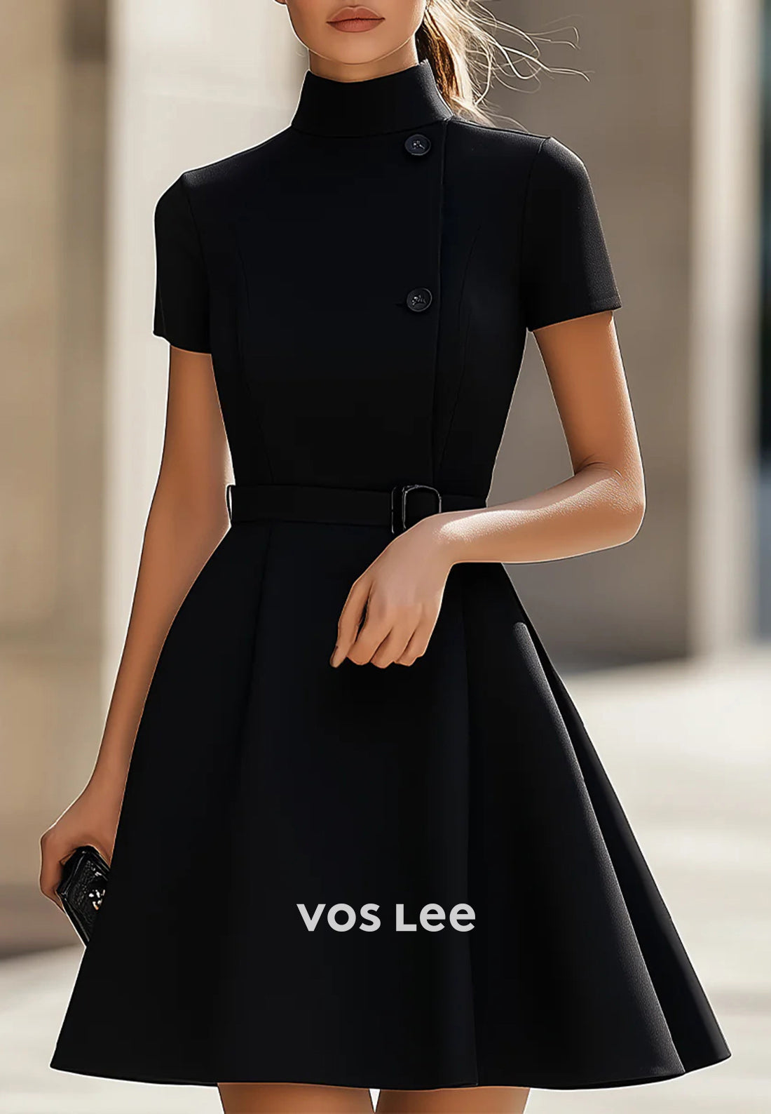 Mini & Short A-Line Short Sleeve High Neck Pleated Wedding Guest Dresses Party Dresses