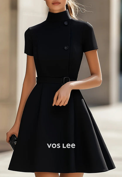 Mini & Short A-Line Short Sleeve High Neck Pleated Wedding Guest Dresses Party Dresses