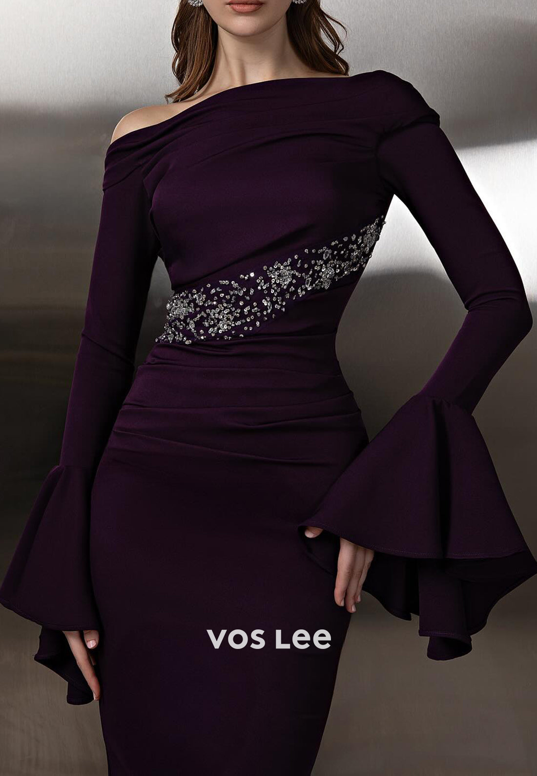 Bell Sleeves One Shoulder Rhinestone Pleated Long Mermaid Prom Dresses