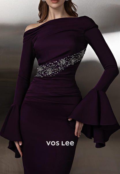 Bell Sleeves One Shoulder Rhinestone Pleated Long Mermaid Prom Dresses