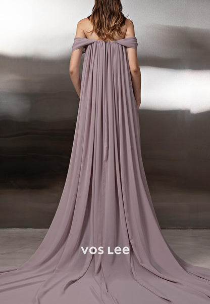 Simple & Casual Off the Shoulder Chiffon Sheath Pleated Long Prom Dresses