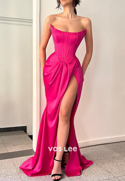 Gorgeous & Charming Strapless Pleated Long Mermaid Evening Dresses with Sweep Train