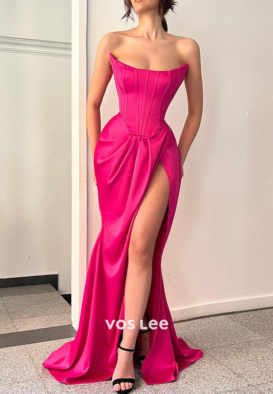 Gorgeous & Charming Strapless Pleated Long Mermaid Evening Dresses with Sweep Train