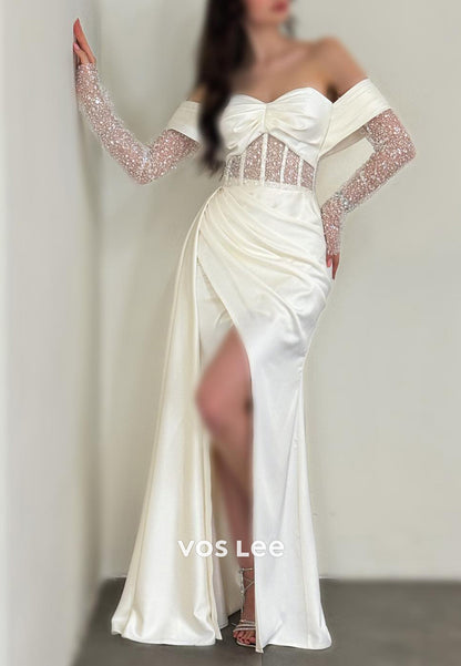 Classic Sequined Long Sleeve Sweetheart Pleated Mermaid Prom Dresses wirh High Spilt