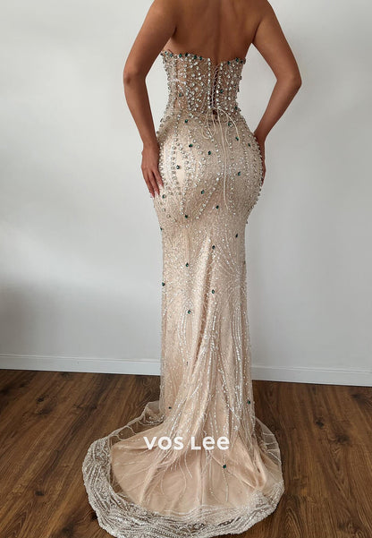Sparkling V Neck Fully Sequined Rhinestone Mermaid Evening Dresses with Sweep Train