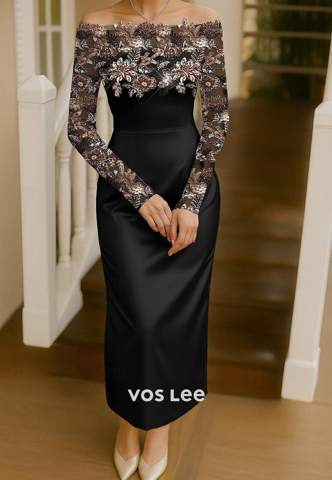 Long Sleeve Off the Shoulder Appliques Ankle-Length Mermaid Evening Dresses