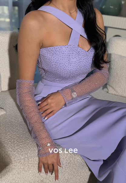 Cross-Neck Rhinestone Embellished Ankle-Length Sheath Evening Dresses