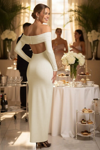 White Off Shoulder Bodycon Dress - Long Sleeve Midi Cocktail Dress with High Slit