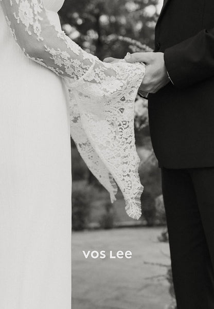 Long Sleeve High Neck Appliques Lace Pleated Sheath Wedding Dresses