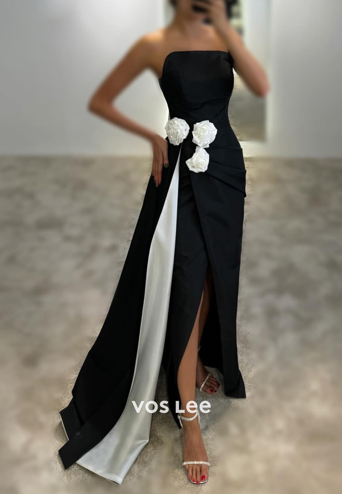 One Shoulder Floral Embellished Pleated Long Mermaid Prom Dresses with Side spilt